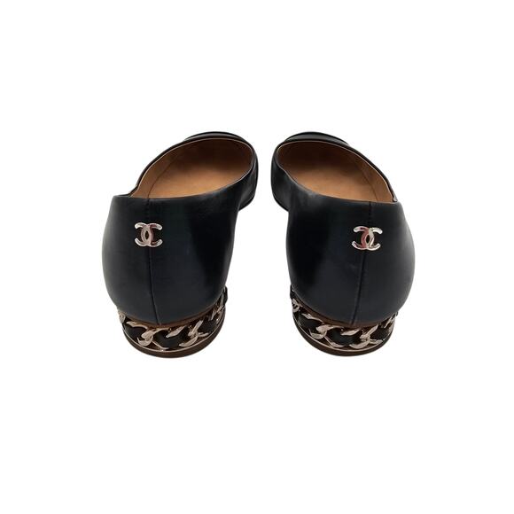 Chanel CC Cap Toe Ballet Flat Slipper Black Leather Chain Size 36.5 US 5.5 6 - Picture 5 of 12